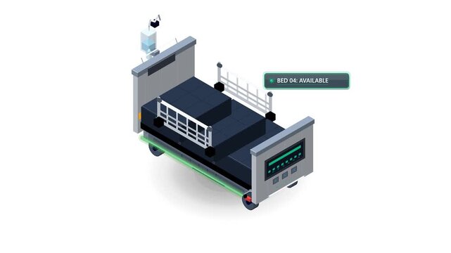 Isometric animation of a modern smart hospital ICU bed adjusting mechanically with telemetry indicator switching from sanitizing to bed available. 