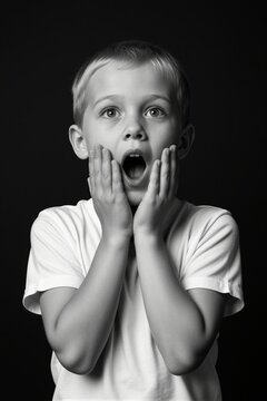A young boy's shocked expression is captured in high-contrast black and white studio lighting, emphasizing his startled reaction.