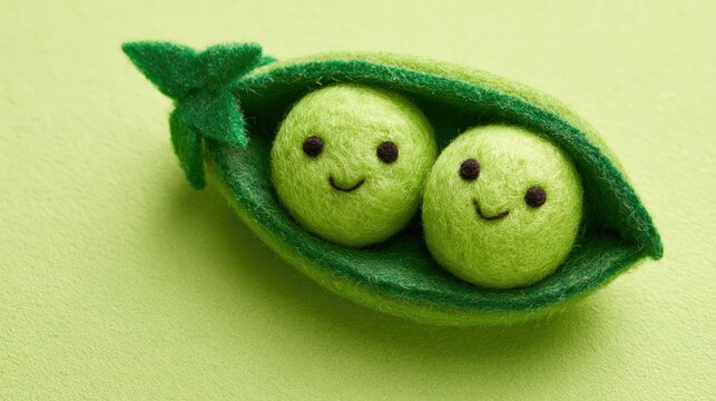Growth and Cooperation Shown by Two Smiling Wool Felt Peas in a Pod Handmade Craft