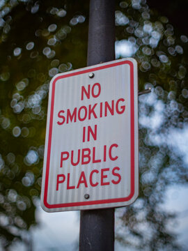 No smoking in public places sign attached to metal pole with vibrant green tree bokeh background