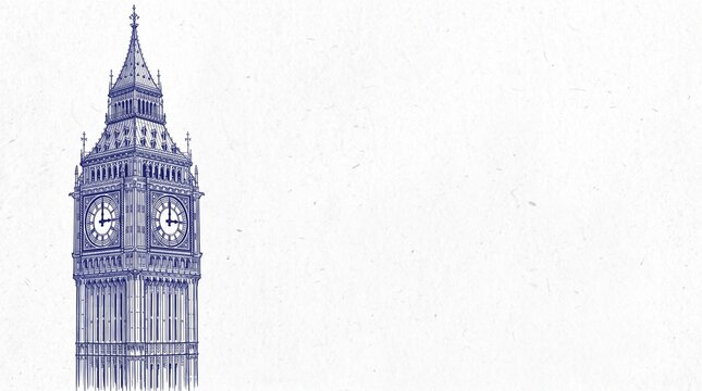 An intricate blue line art sketch of the iconic Big Ben clock tower, rendered in a detailed and architectural style, set against a pristine, textured white background. The tower occupies the