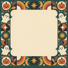 おばけとカボチャを描いたレトロ幾何学ハロウィン正方形フレーム © さな