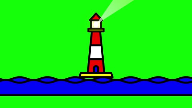 Flat style lighthouse animation icon with red and white stripes and glowing light beam over blue sea waves isolated on green screen background for video editing and compositing.