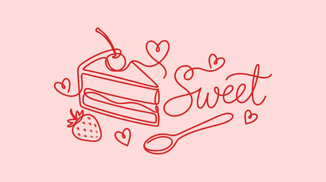 Line art illustration of a cake slice with cherry and sweet lettering on pink background.