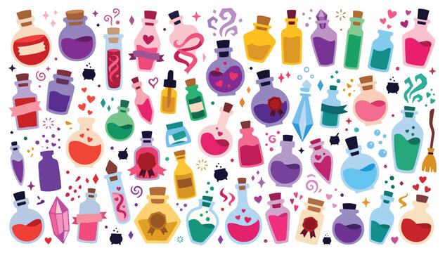 Cute magic potion bottles vector clipart set of colorful witch elixirs, love potions, crystals & poison flasks doodle illustration