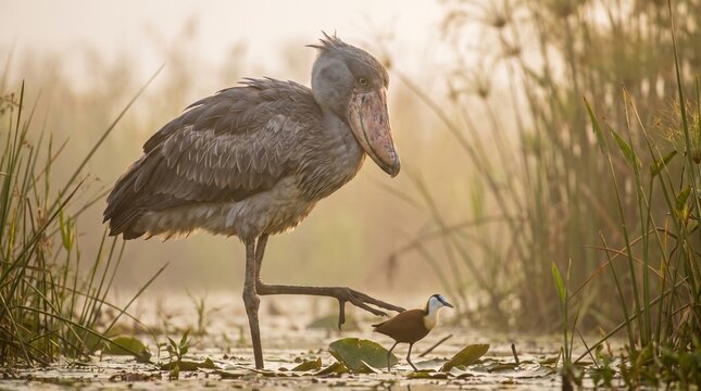 Shoebill stork and jacana bird in misty wetland habitat at sunrise