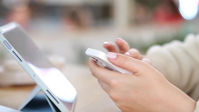 Hands use smartphone and tablet. Fingers tap screens. Background blurred. Indoor setting. Modern devices in use