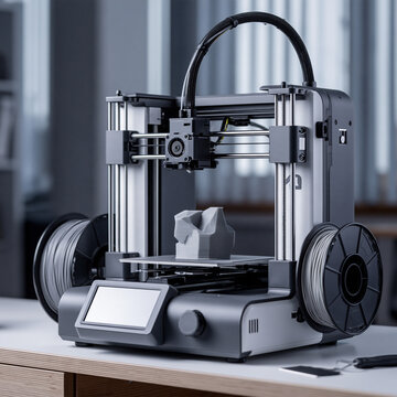 Open frame desktop 3D printer with filament spools on a workshop bench