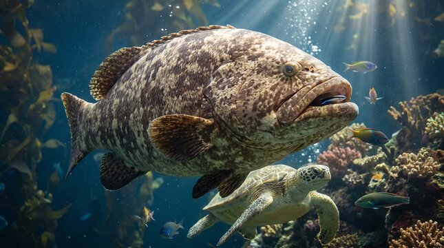 Large Grouper Fish Swimming with Sea Turtle in Ocean Reef