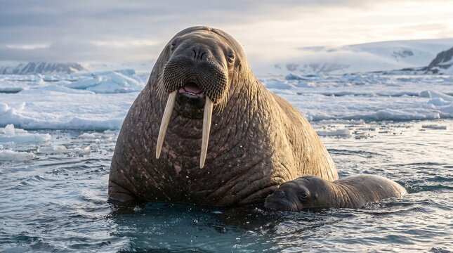 Walrus and calf swimming in Arctic waters with icy landscape