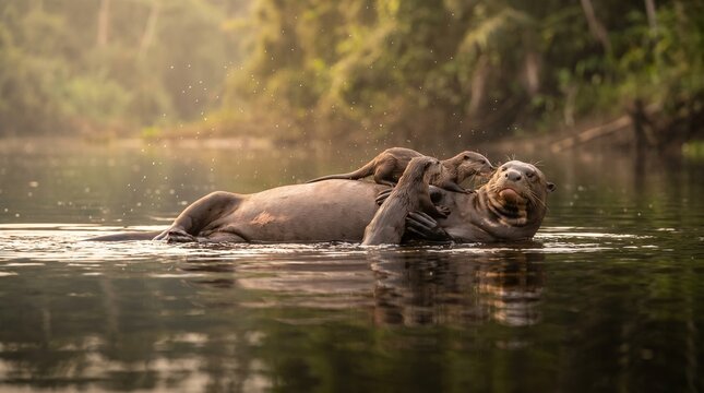 Otter family swimming playfully in serene river at sunset