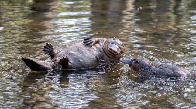 Playful platypus swimming in natural freshwater habitat