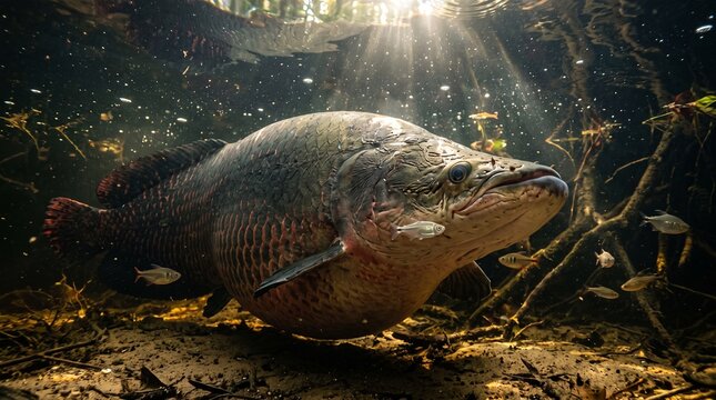 Large fish swimming underwater in sunlit forest stream