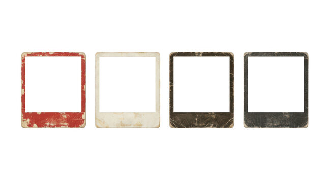 Four worn instant photo frames isolated on transparent background