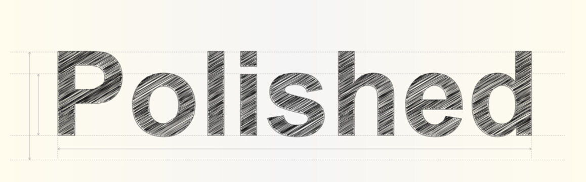 Decorative hand drawn sketch font lettering spelling out the word polished with technical layout lines
