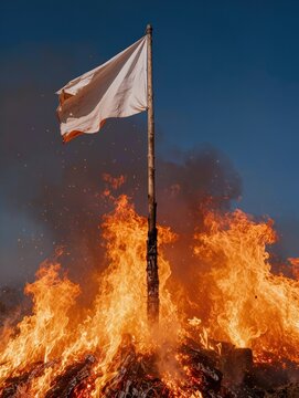 White flag on wooden pole burning inside intense fire flames as symbol of surrender