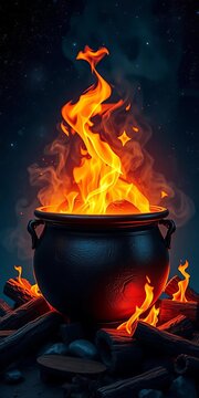 Mysterious cauldron bubbles with fiery flames amidst starry night sky, mythical, mystical