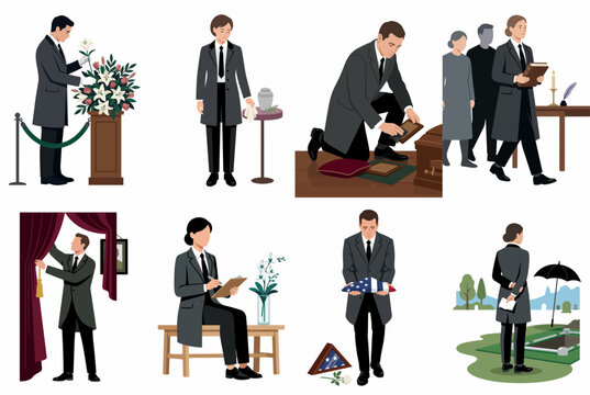 Flat illustration set of funeral directors and morticians performing professional duties during burial, cremation, and memorial services.