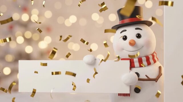 Cute snowman character holding a blank sign with falling gold confetti