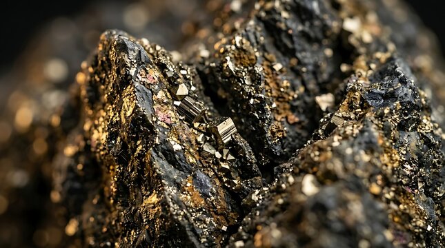 Macro close up view of glittering golden pyrite mineral crystals embedded in dark rough rock matrix