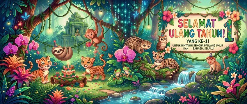 Cute jungle animals celebrating first birthday in tropical rainforest banner illustration