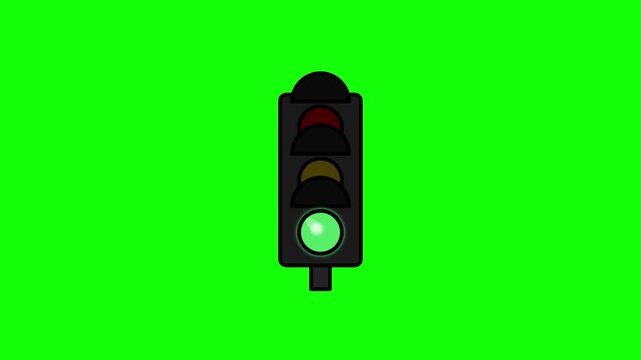 Traffic light animation icon with red stop signal illuminated on a green screen background for video editing and compositing, 2D vector style road safety and transportation graphic.