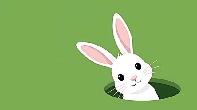A white bunny peeking out from a dark green hole in this animated digital motion footage featuring cute character movement animation