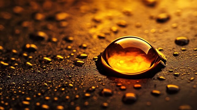 negative. A single golden amber droplet on a dark brown textured surface with soft warm lighting. bar promotions, beverage menus, designed for product packaging and bar promotions.