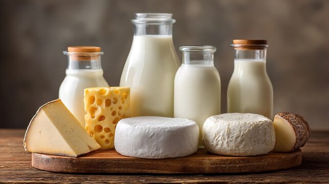 calcium. Assortment of milk bottles and cheese wheels on wooden table, soft diffused lighting. menu design, packaging mockups, designed for culinary blogs and recipe cards for restaurants.