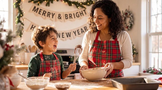 A mother and son make holiday brownies together for a joyful Christmas family baking moment in a cozy kitchen.