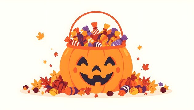 Halloween trick-or-treat pumpkin bucket overflowing with colorful wrapped candies, surrounded by scattered autumn maple leaves, tiny acorns and seasonal foliage.