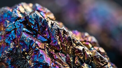 Obraz premium Vibrant iridescent mineral crystal macro view showing metallic colors of blue purple and gold