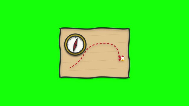 Treasure map animation icon featuring a gold compass and red dashed trail leading to a marked cross on aged parchment paper isolated against a chroma key green background.