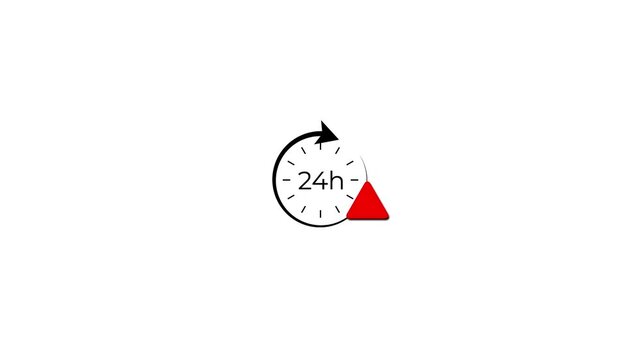​24 hours clock time arrow rotation animation with bouncing warning alert icon motion graphics.