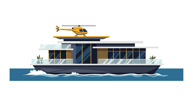 Modern Luxury Yacht with Private Helicopter Flat Vector Illustration