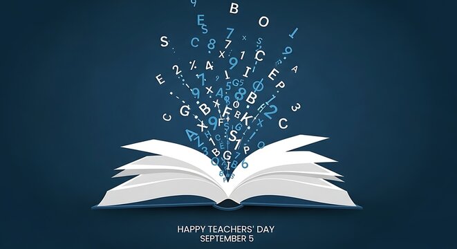 Open book with floating letters and symbols