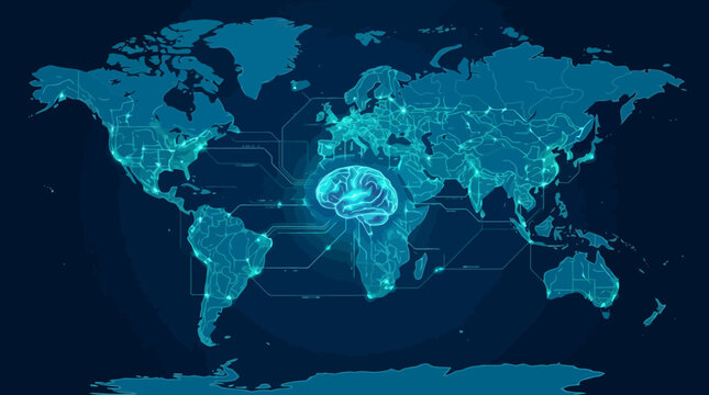 Stylized digital world map featuring a glowing human brain icon symbolizing global intelligence and connectivity.