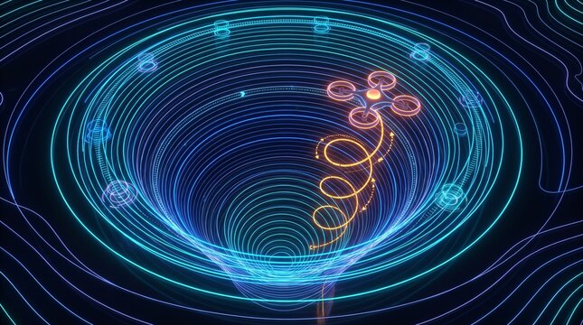 Karst sinkhole spiral vortex telemetry interface with autonomous orange quadcopter drone performing helical vertical descent into deep depression framed by glowing cyan contour elevation rings