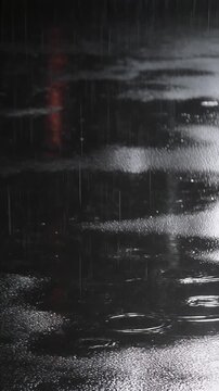 Heavy rain falling on dark asphalt street at night with light reflections.
