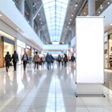 Blank vertical roll up banner stand in a modern shopping mall interior.