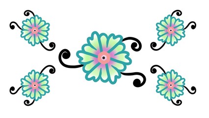 Seamless floral pattern with stylized teal and pink flowers and black swirling vines. © Willy