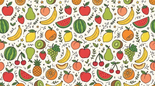 Seamless Fruit Pattern with Hand Drawn Doodle Apples Oranges Bananas Berries and Watermelon