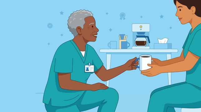 Nurse offering coffee to colleague, healthcare break scene, isolated illustration