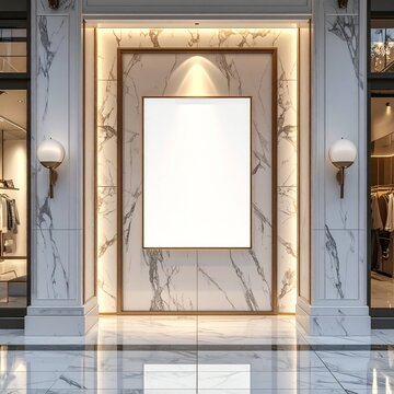 Blank vertical poster frame on a luxurious marble wall in a modern boutique entrance.