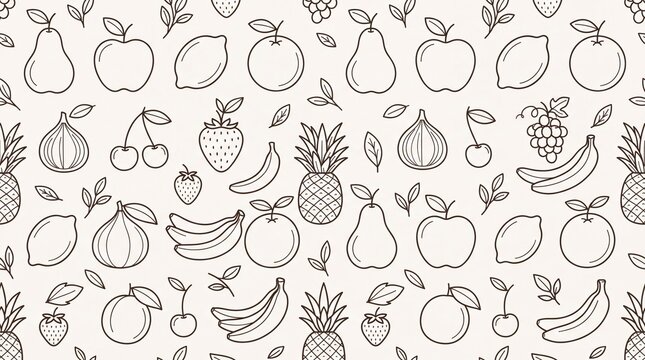 Seamless pattern with line art fruit icons including apple banana lemon pineapple pear