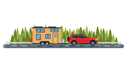 Obraz premium Red SUV Towing a Mobile Tiny House Along a Forested Highway