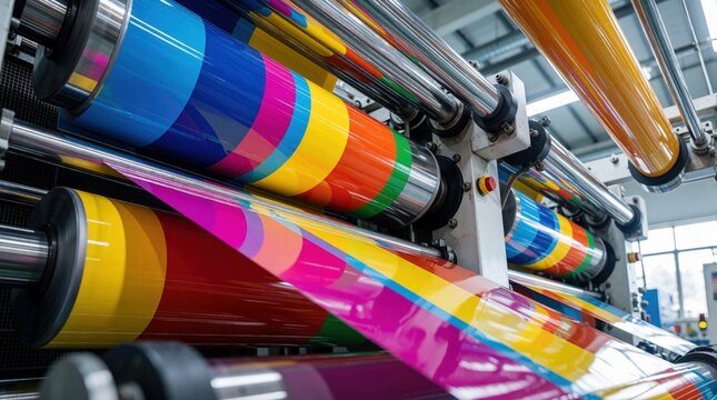 High speed flexographic printing press applies bright spot colors onto shiny foil packaging. Industrial machine rolls colorful material in factory. Automated production line uses advanced tech for