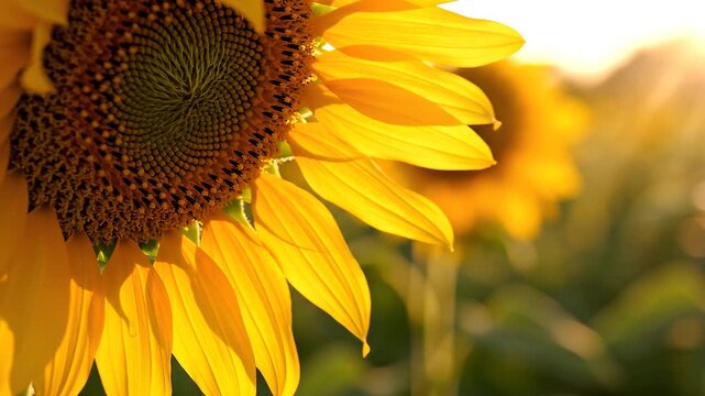 Golden Radiance: A close-up view of a vibrant sunflower in full bloom, its petals illuminated by the warm, golden rays of the setting sun, with another sunflower softly blurred in the background.