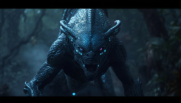 Dark scaly creature with glowing blue lights in a forest