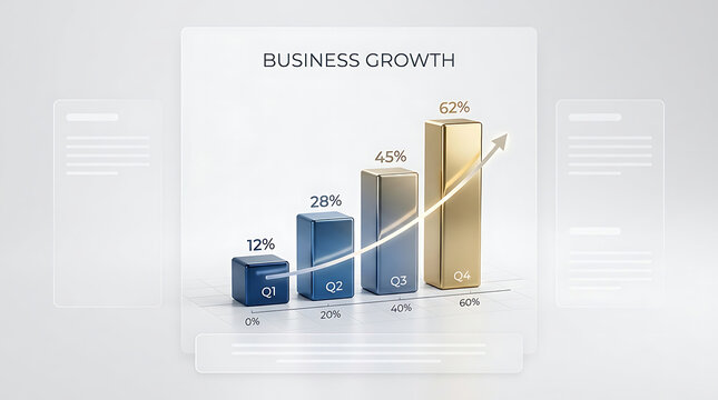 3d bar chart showing business growth with an upward arrow on a modern digital interface screen